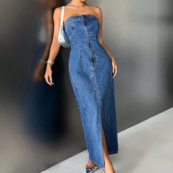 Blue Preppy Womens Split Thigh Tube Denim Dress - Picture 5 of 5